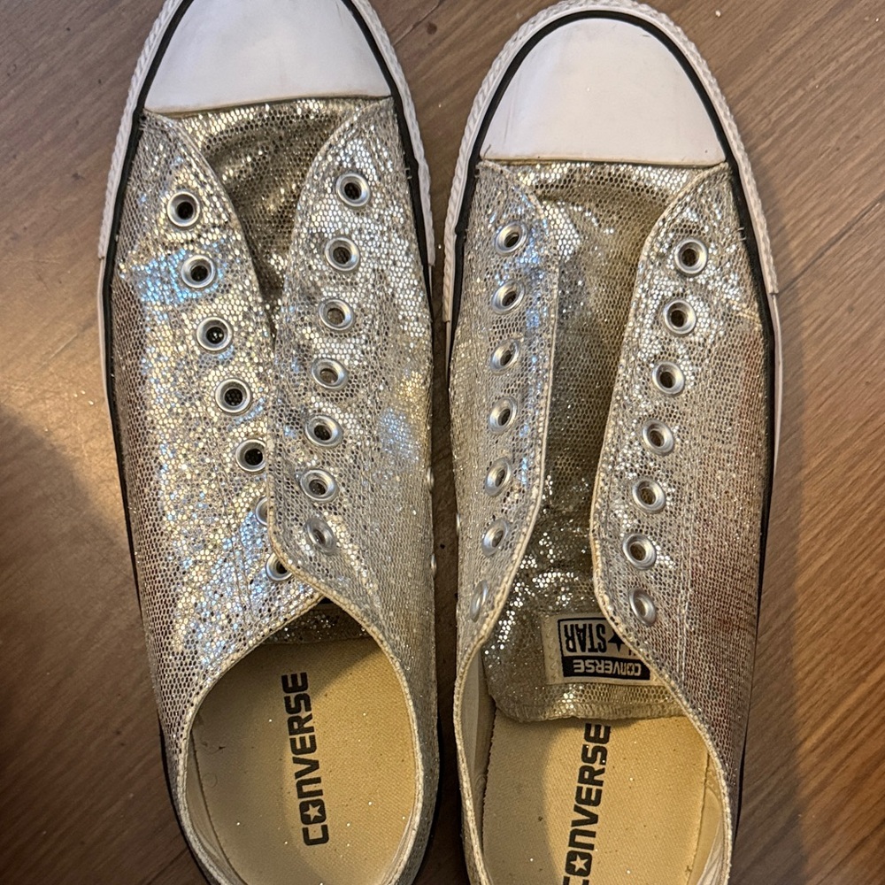 Womens Converse Chuck All Star Glitter Silver Low Casual Sneakers Shoes